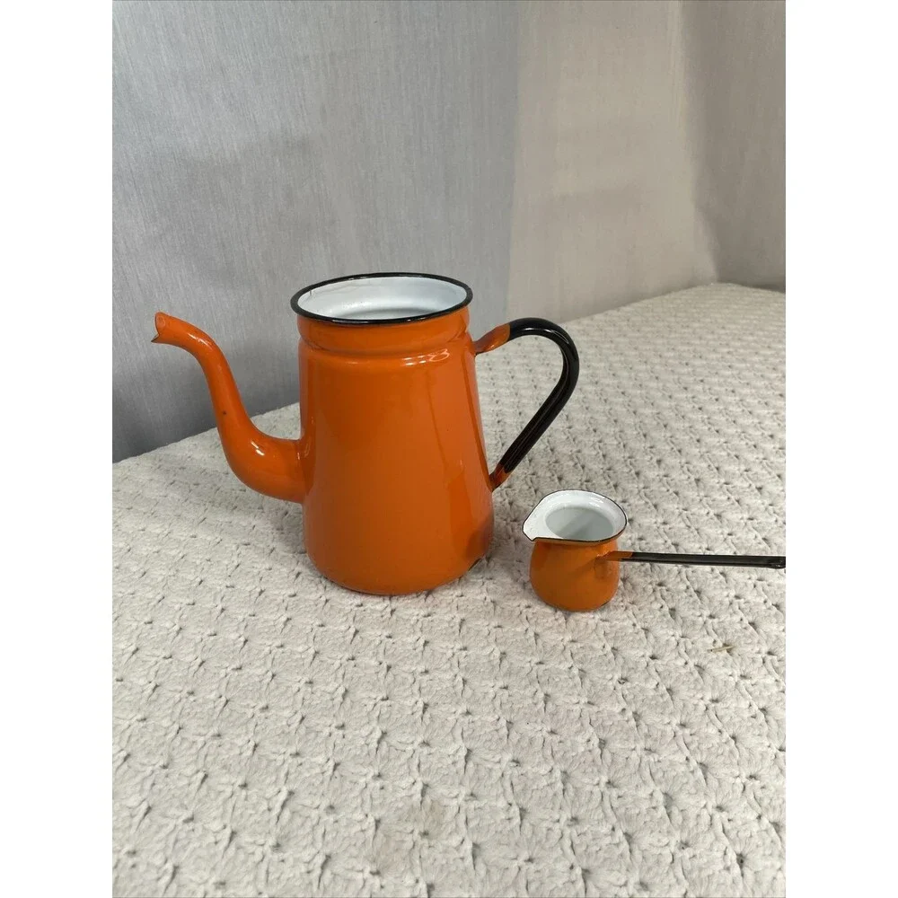 Lot of 2 Enamelware Dipper Kettle Made in Poland Orange Ladle Pourer